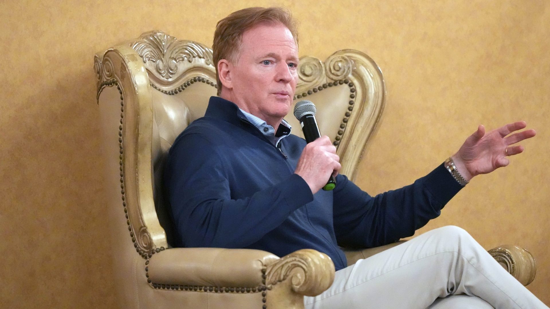 Apr 23, 2025; Green Bay, WI, USA; NFL commissioner Roger Goodell at the NFL Draft Fan Forum at the Tundra Lodge