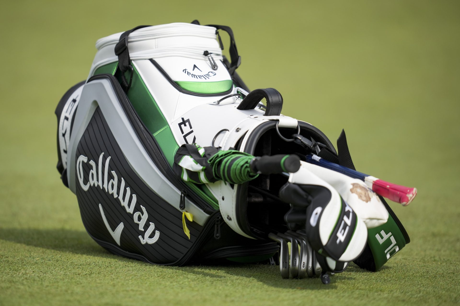 May 29, 2025; Dublin, Ohio, USA; A Callaway golf bag rests on the first green during the first round of the Memorial Tournament presented by Workday golf tournament.