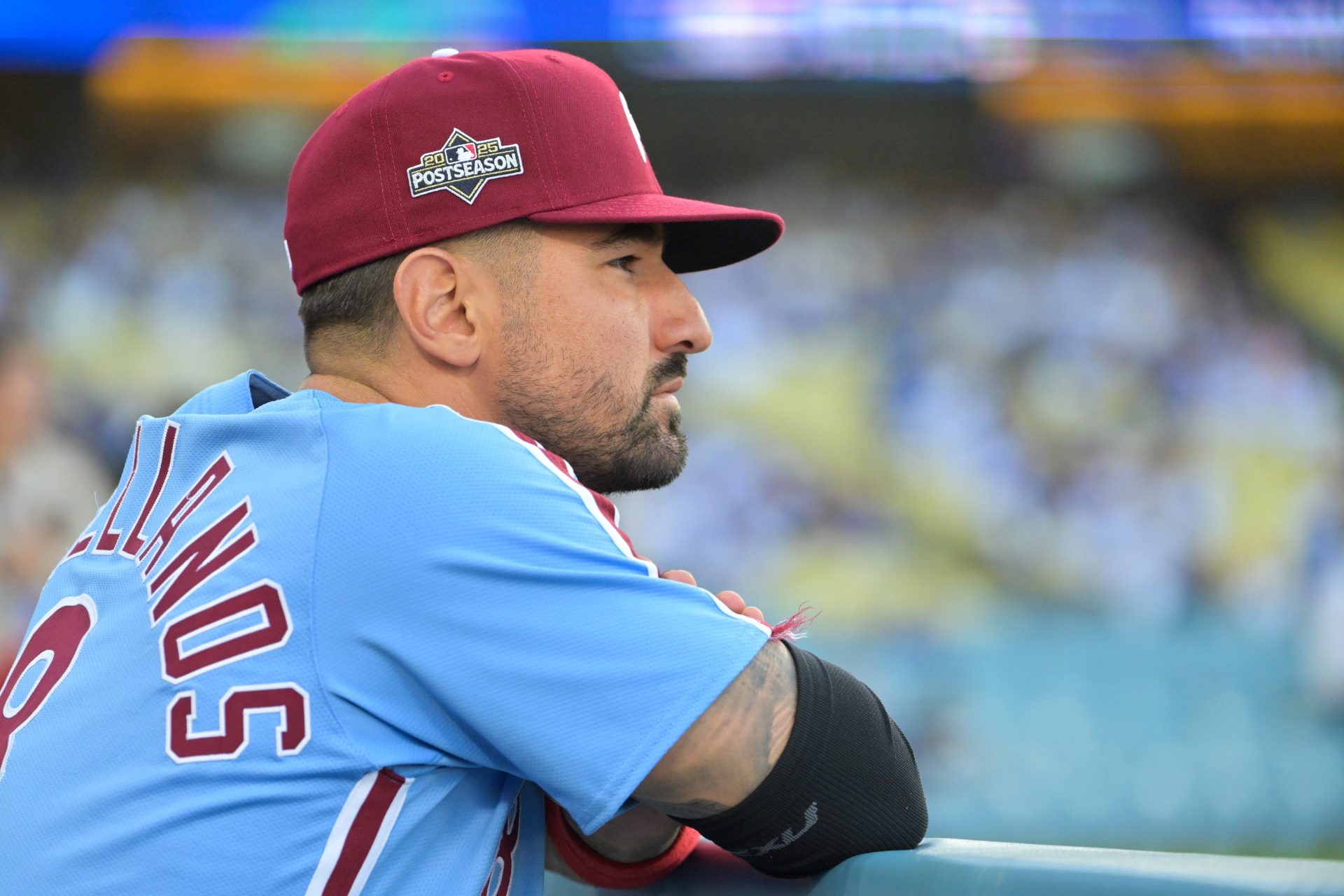 Oct 8, 2025; Los Angeles, California, USA; Philadelphia Phillies right fielder Nick Castellanos (8) looks on before the game against the Los Angeles Dodgers during game three of the NLDS round for the 2025 MLB playoffs at Dodger Stadium.