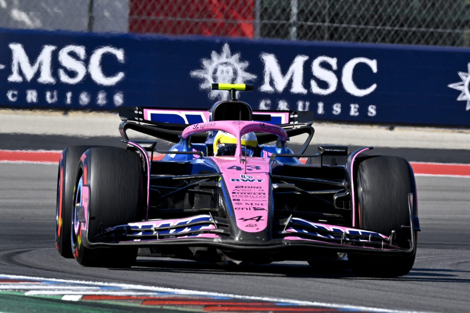 Oct 19, 2025; Austin, TX, USA; BWT Alpine F1 Team driver Franco Colapinto (43) of Team Argentina drives during the 2025 US Grand Prix at Circuit of The Americas in Austin, Texas.