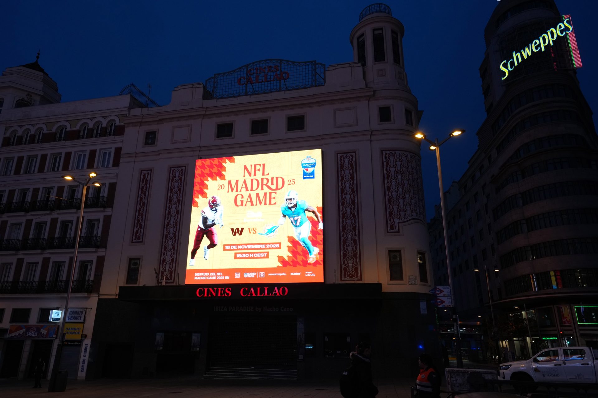 Nov 16, 2025; Madrid, Spain; An advertisement for the 2025 NFL Madrid Game between the Washington Commanders and the Miami Dolphins on the Cines Callao facade.