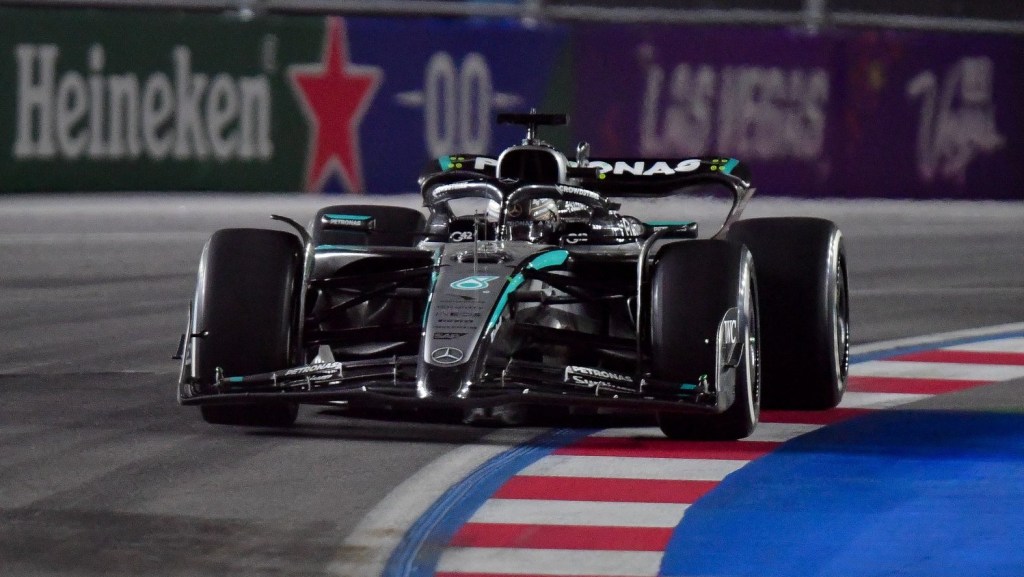 Nov 21, 2025; Las Vegas, NV, USA; Mercedes driver George Russell (63) during the Las Vegas Grand Prix at Las Vegas Strip Circuit. Mandatory Credit: Gary A. Vasquez-Imagn Images