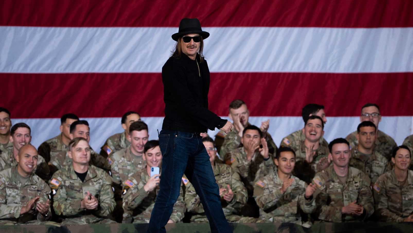 Kid Rock walks out to speak ahead of Vice President J.D. Vance at Fort. Campbell Military Base in Fort Campbell, KY., on Wednesday, Nov. 26, 2025.