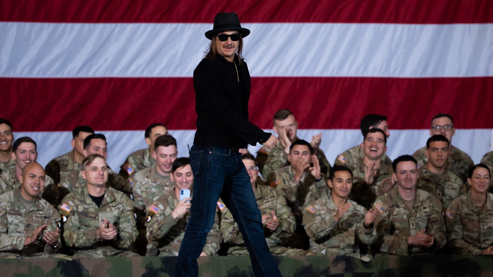 Kid Rock walks out to speak ahead of Vice President J.D. Vance at Fort. Campbell Military Base in Fort Campbell, KY., on Wednesday, Nov. 26, 2025.