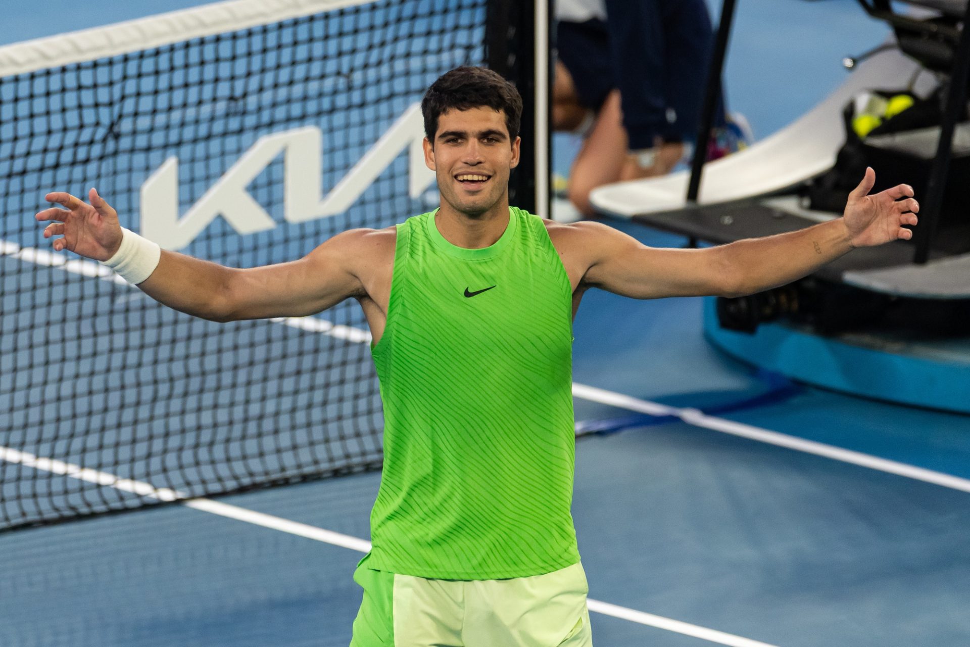 Jan 30, 2026; Melbourne, Victoria, Australia; Carlos Alcaraz of Spain celebrates his victory over Alexander Zverev of Germany in the semifinals of the mens singles at the Australian Open at Rod Laver Arena in Melbourne Park.