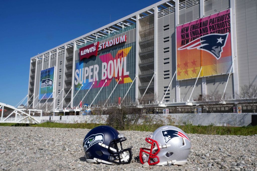 Feb 4, 2026; Santa Clara, CA, USA; Seattle Seahawks and New England Patriots helmets at Levi's Stadium.