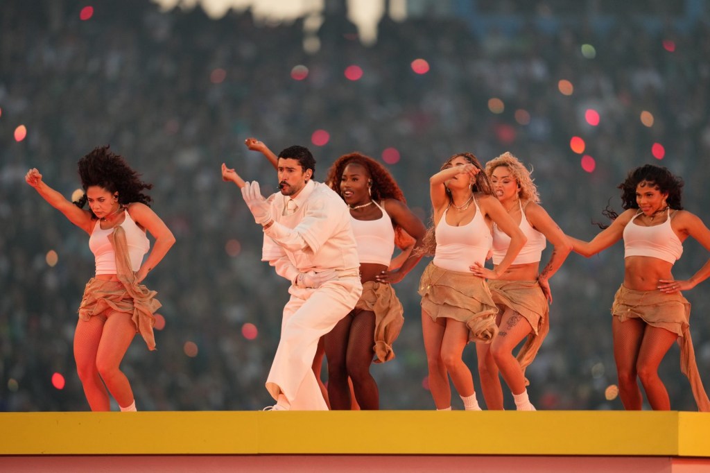 Feb 8, 2026; Santa Clara, CA, USA; Bad Bunny performs during the half time show at the game between New England Patriots and Seattle Seahawks in Super Bowl LX at Levi's Stadium.