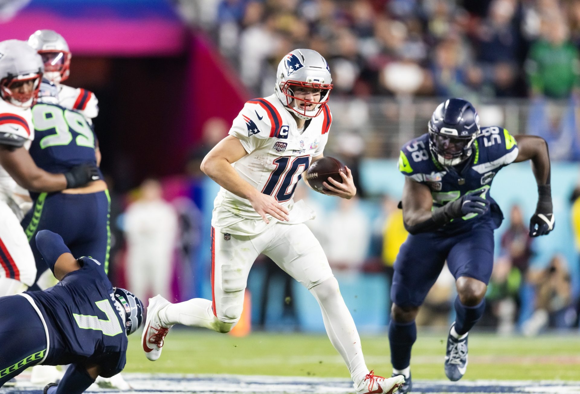Feb 8, 2026; Santa Clara, CA, USA; New England Patriots quarterback Drake Maye (10) against the Seattle Seahawks during Super Bowl LX at Levi's Stadium.