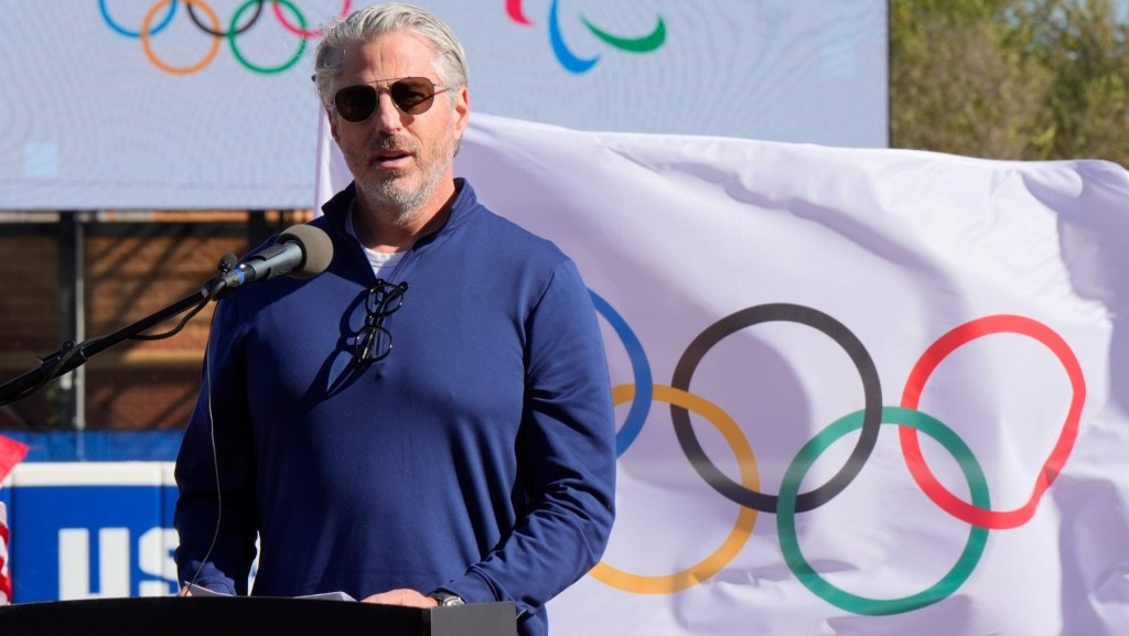 Casey Wasserman, Chairperson and President of LA28, during the media conference celebrating the 1000-day countdown to LA28 at Devon Park in Oklahoma City, Monday, Oct. 20, 2025.