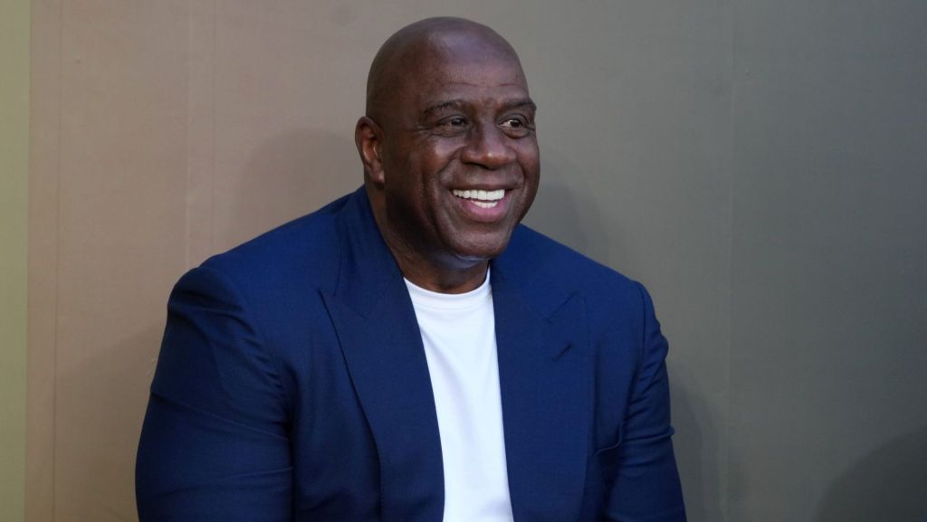Feb 22, 2026; Los Angeles, CA, USA; Magic Johnson at unveiling of statue of former Los Angeles Lakers coach Pat Riley at the Crypto.com Arena.