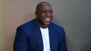 Feb 22, 2026; Los Angeles, CA, USA; Magic Johnson at unveiling of statue of former Los Angeles Lakers coach Pat Riley at the Crypto.com Arena.