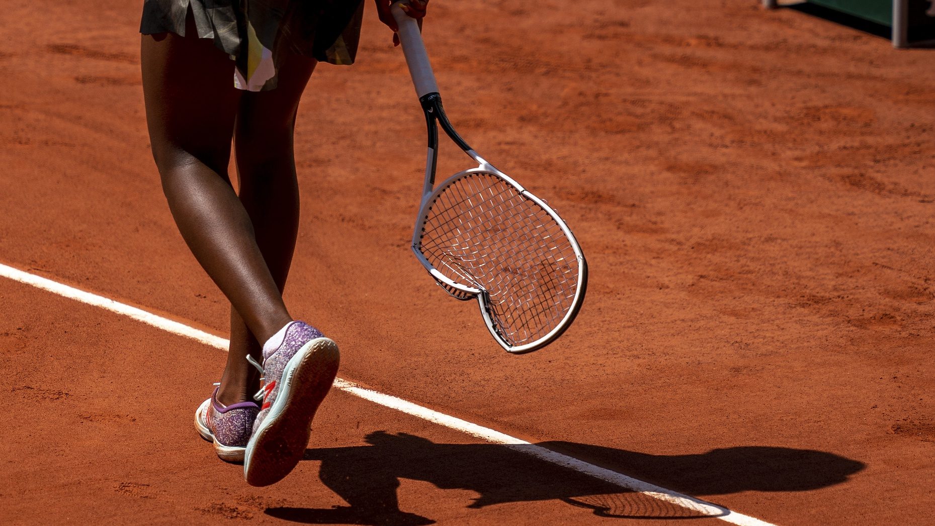 Jun 9, 2021; Paris, France; The racket of Coco Gauff (USA) after she smashed it during her match against Barbora Krejcikova (CZE) on day 11 of the French Open at Stade Roland Garros