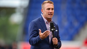Jun 29, 2024; Harrison, New Jersey, USA; Apple TV commentator Taylor Twellman reports from the pitch before the match between the New York Red Bulls and D.C. United at Red Bull Arena. Mandatory Credit: Vincent Carchietta-USA TODAY Sports