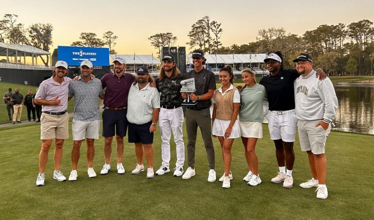 The participants in the first Content Creator Classic at TPC Sawgrass after Grant Horvat (with trophy) won with a birdie putt at the par-3 17th hole of the Players Stadium Course at TPC Sawgrass on March 12.