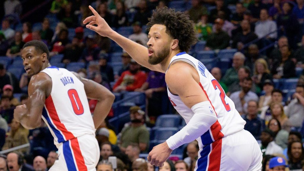 Mar 17, 2025; New Orleans, Louisiana, USA; Detroit Pistons guard Cade Cunningham (2) reacts after a score next to center Jalen Duren (0) during the first half against the New Orleans Pelicans at Smoothie King Center.