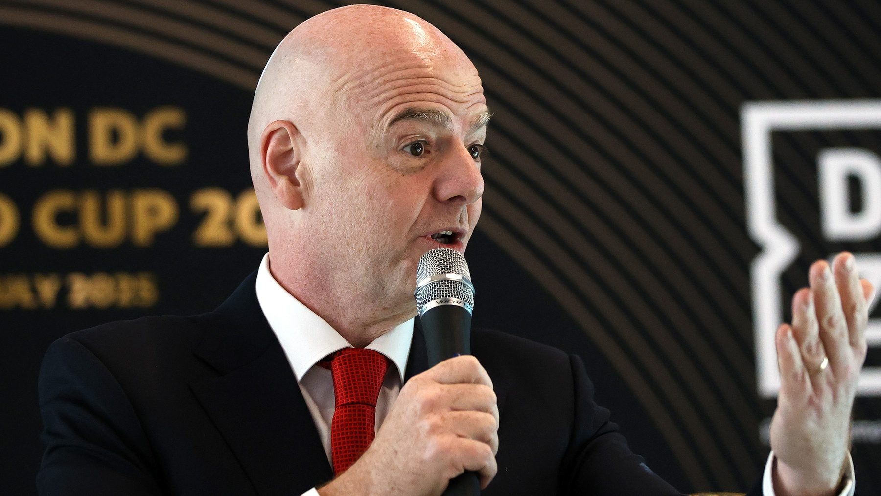 Apr 16, 2025; Washington, DC, USA; FIFA President Gianni Infantino speaks during a press conference at Audi Field.