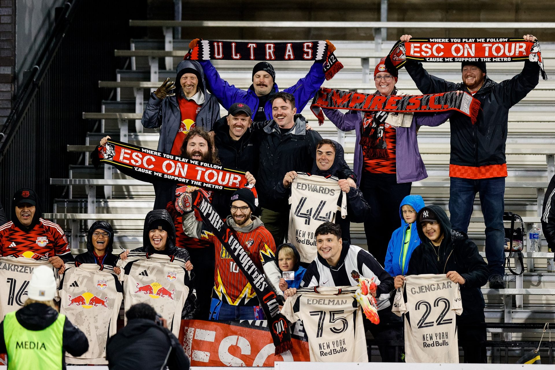May 6, 2025; Colorado Springs, Colorado, USA; New York Red Bulls fans celebrate after the match against the Colorado Springs Switchbacks FC at Weidner Field.