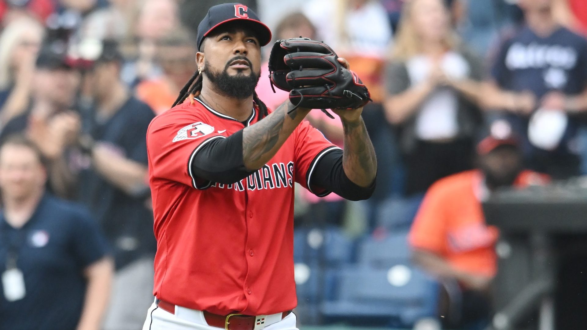 Jun 8, 2025; Cleveland, Ohio, USA; Cleveland Guardians relief pitcher Emmanuel Clase (48) celebrates after the Guardians beat the Houston Astros at Progressive Field. Mandatory Credit: Ken Blaze-Imagn Images