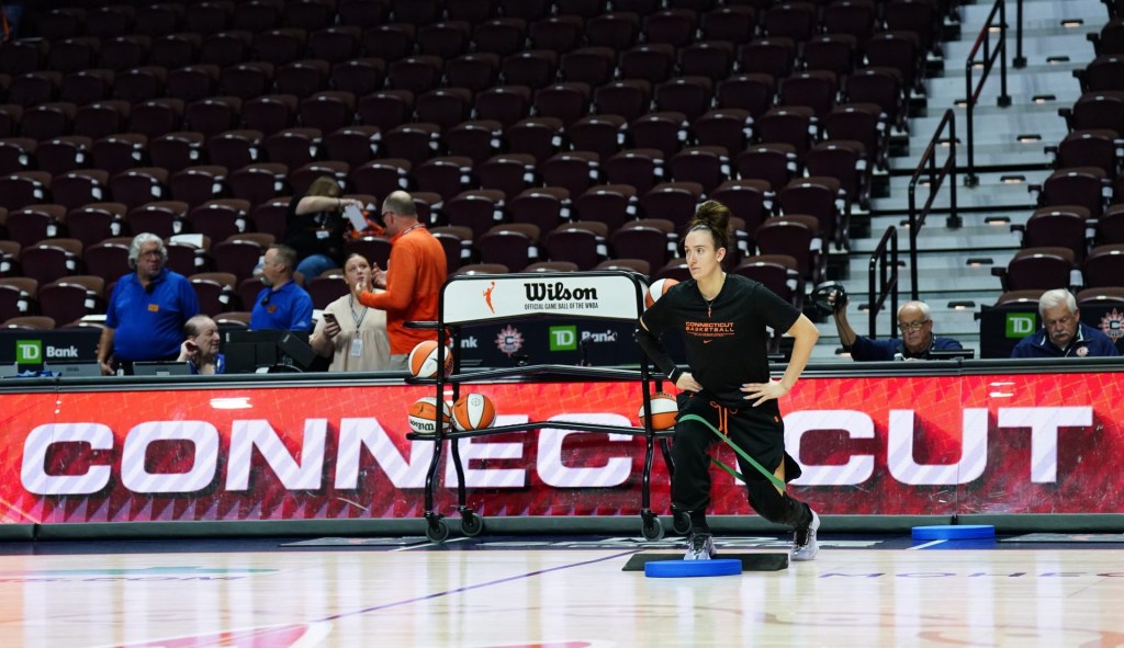 Sep 1, 2025; Uncasville, Connecticut, USA; Connecticut Sun guard Marina Mabrey (3) warms up before the start of the game against the Atlanta Dream at Mohegan Sun Arena.