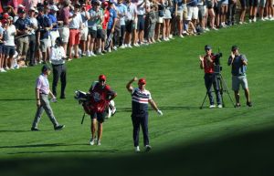 [US, Mexico & Canada customers only] Sep 28, 2025; Bethpage, New York, USA; Team USA's Bryson DeChambeau reacts after hitting his approach on the 15th hole during the singles on the final day of competition for the Ryder Cup at Bethpage Black.