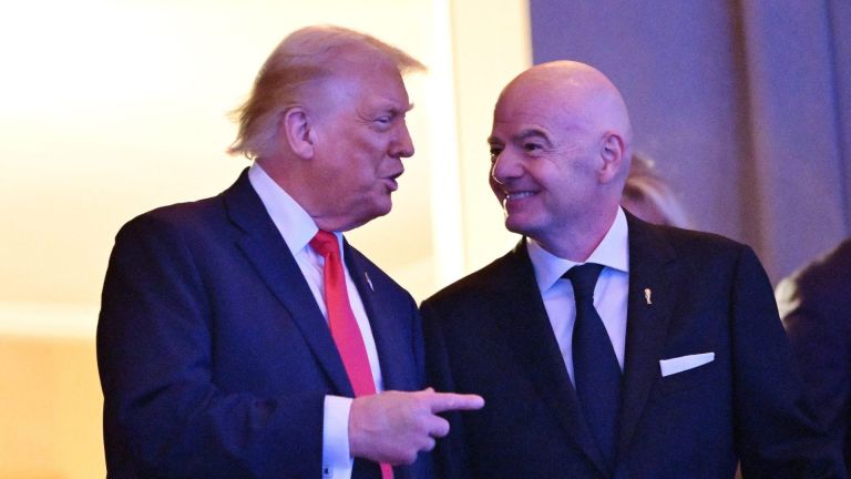 Dec 5, 2025; Washington, District of Columbia, USA; United States of America President Donald Trump and FIFA President Gianni Infantino ahead of the FIFA World Cup 2026 Final Draw at John F. Kennedy Center for the Performing Arts.