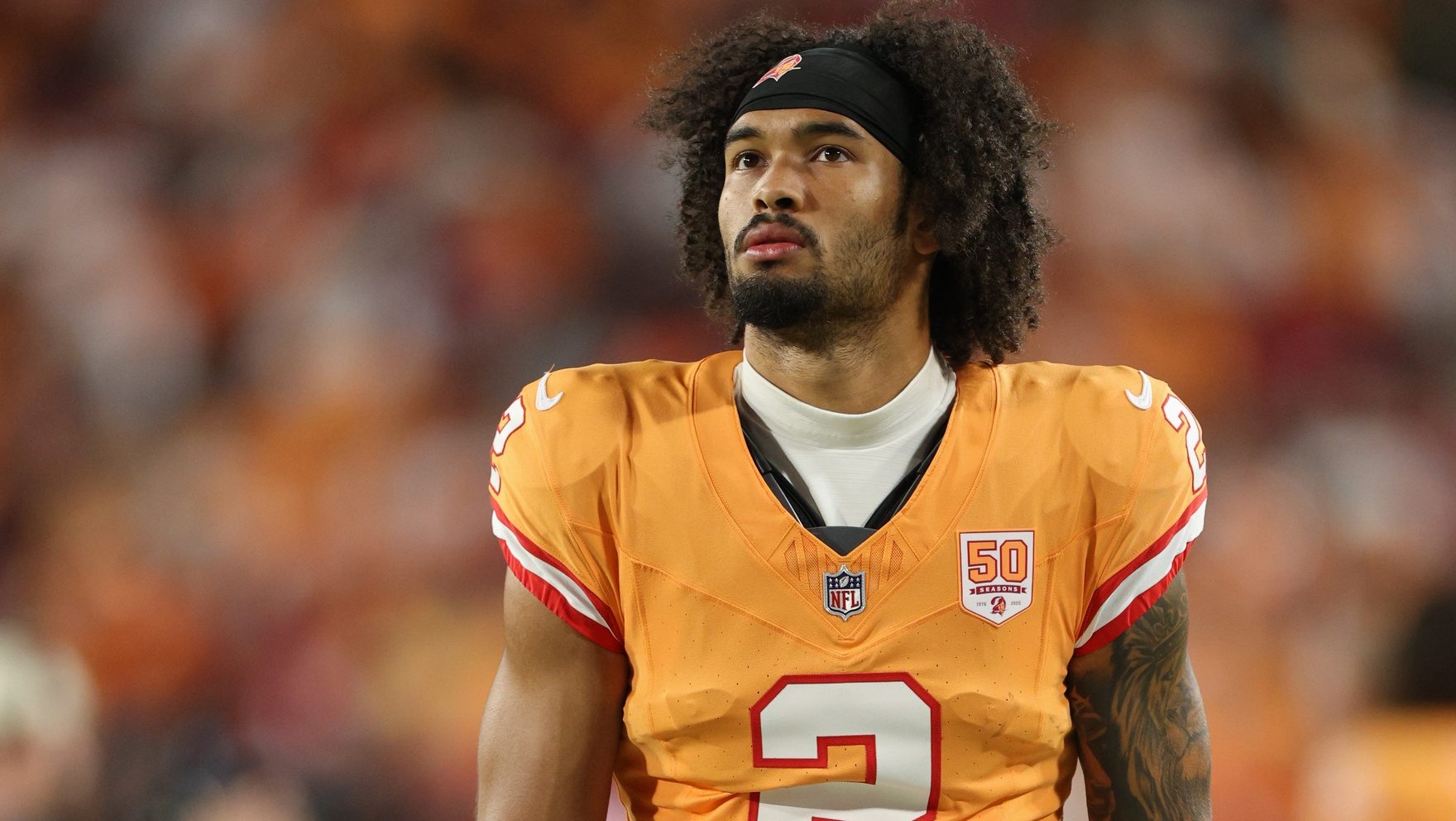 Dec 11, 2025; Tampa, Florida, USA; Tampa Bay Buccaneers wide receiver Emeka Egbuka (2) looks on against the Atlanta Falcons during the first quarter at Raymond James Stadium. Mandatory Credit: Nathan Ray Seebeck-Imagn Images