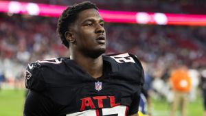 Dec 21, 2025; Glendale, Arizona, USA; Atlanta Falcons linebacker James Pearce Jr. (27) against the Arizona Cardinals at State Farm Stadium. Mandatory Credit: Mark J. Rebilas-Imagn Images