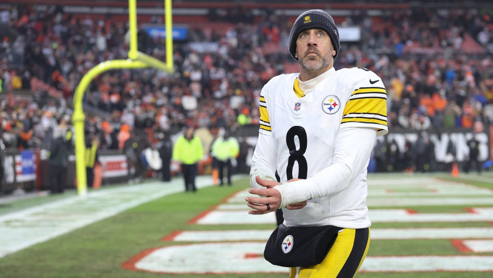 Dec 28, 2025; Cleveland, Ohio, USA; Pittsburgh Steelers quarterback Aaron Rodgers (8) looks on after the game against the Cleveland Browns at Huntington Bank Field.