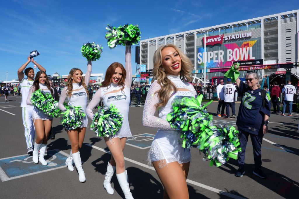 Feb 8, 2026; Santa Clara, CA, USA; Seattle Seahawks cheerleaders perform during pregame activities before Super Bowl LX between the Seattle Seahawks and the New England Patriots at Levi's Stadium.