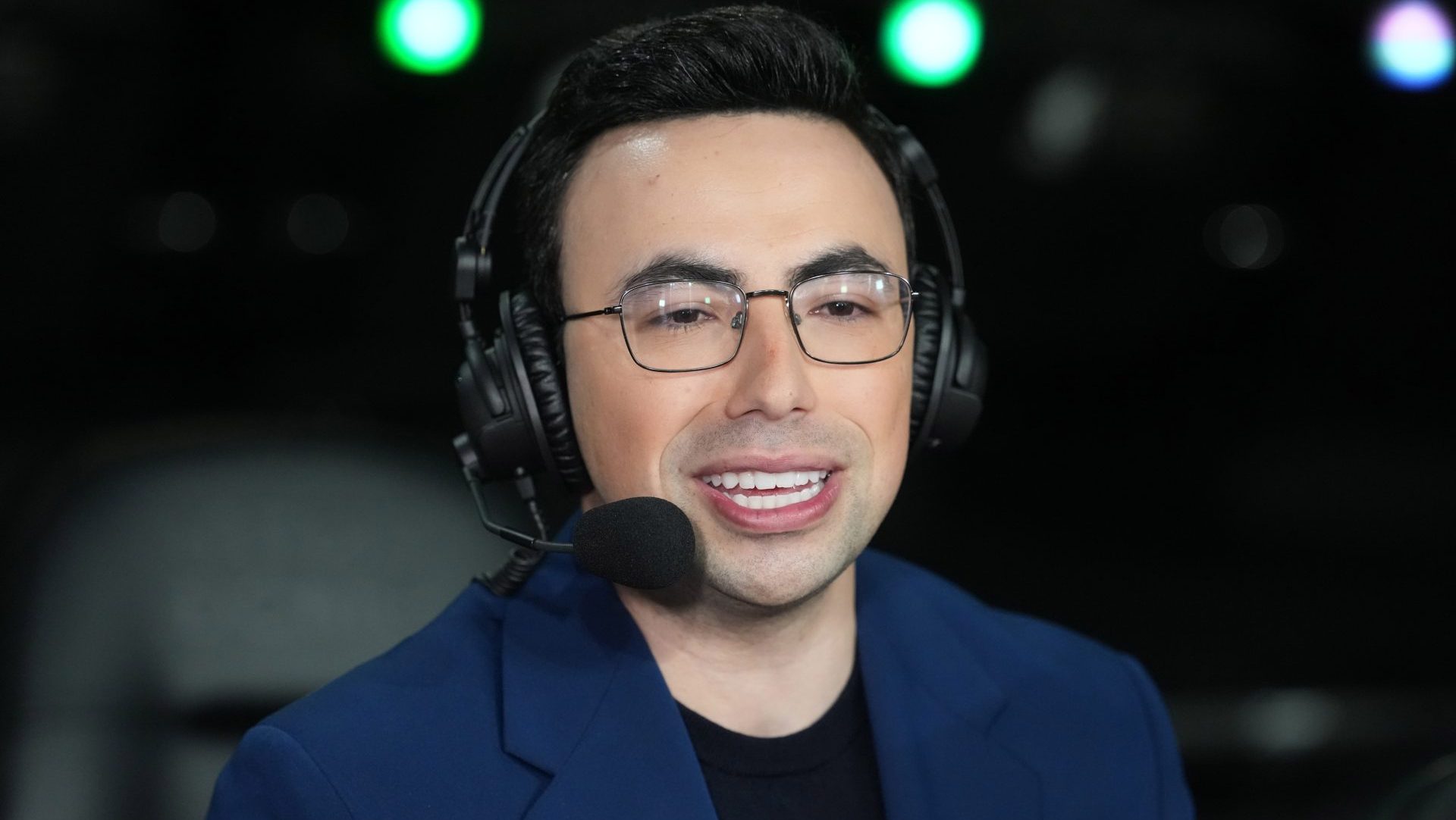 Feb 13, 2026; Inglewood, California, USA; NBC Peacock play-by-play announcer Noah Eagle during an NBA All Star Rising Stars game at Intuit Dome. Mandatory Credit: Kirby Lee-Imagn Images