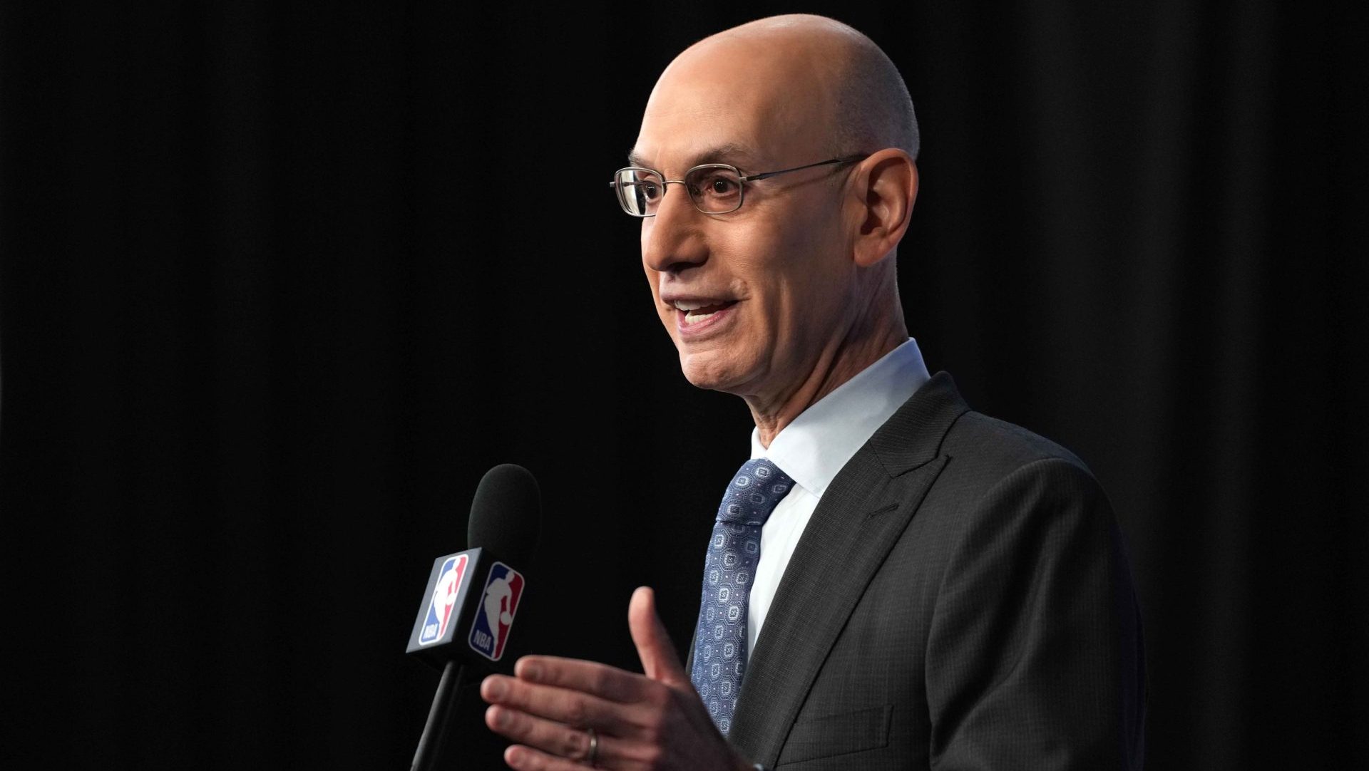 Feb 14, 2026; Los Angeles, CA, USA; NBA commissioner Adam Silver speaks at press conference during the NBA All Star game at the Intuit Dome. Mandatory Credit: Kirby Lee-Imagn Images