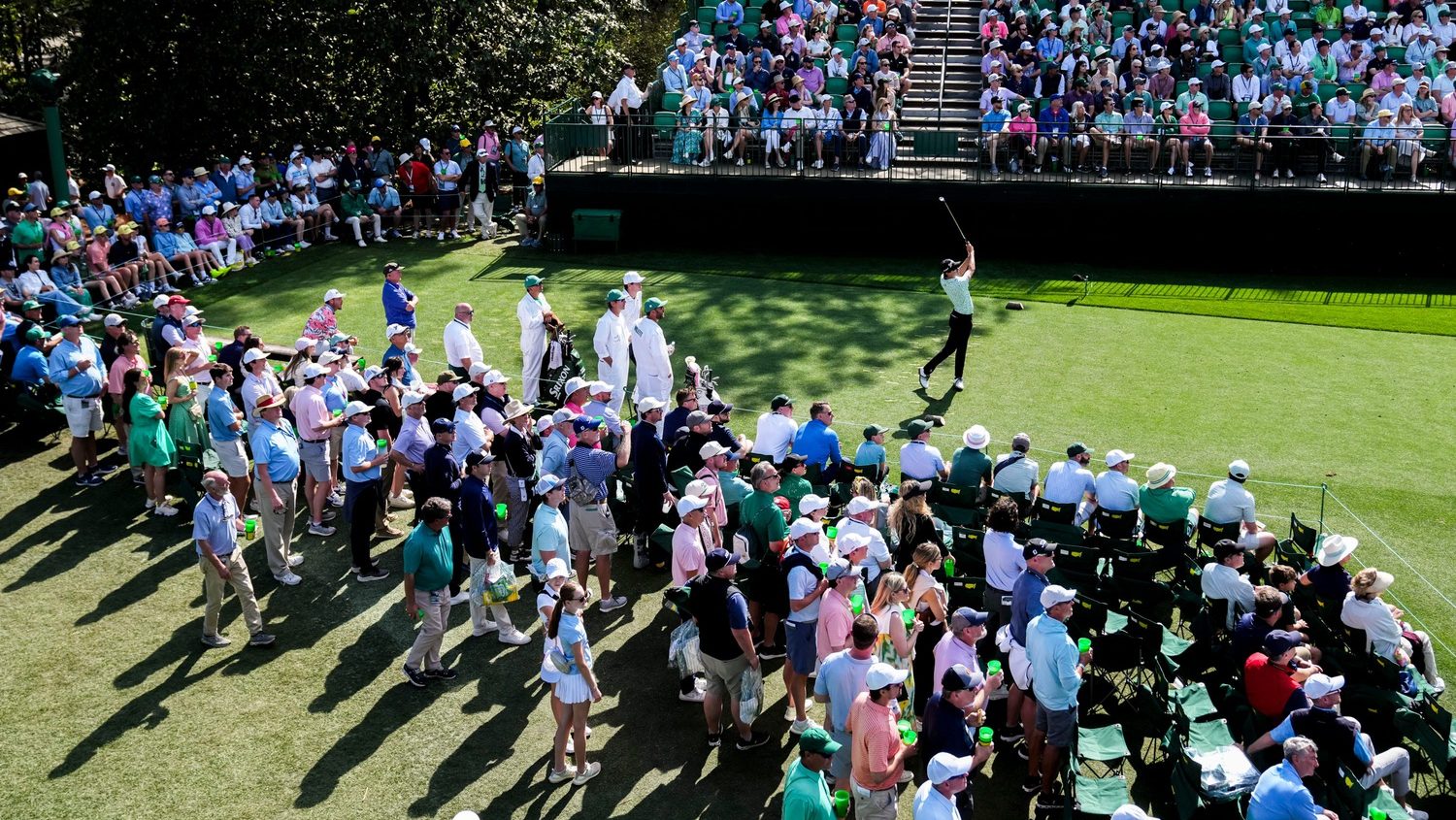 Nicolas Echavarria tees off on no. 16 during the second round of the Masters Tournament at Augusta National Golf Club in Augusta, Ga., on Friday, April 11, 2025.