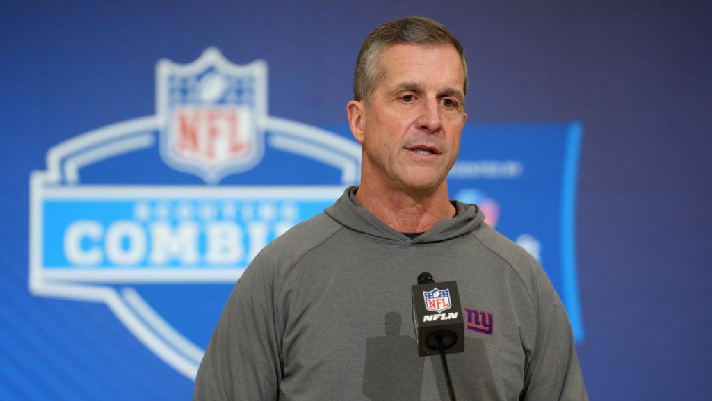 Feb 24, 2026; Indianapolis, IN, USA; New York Giants coach John Harbaugh speaks at the NFL Scouting Combine at the Indiana Convention Center.