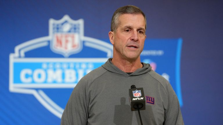 Feb 24, 2026; Indianapolis, IN, USA; New York Giants coach John Harbaugh speaks at the NFL Scouting Combine at the Indiana Convention Center.