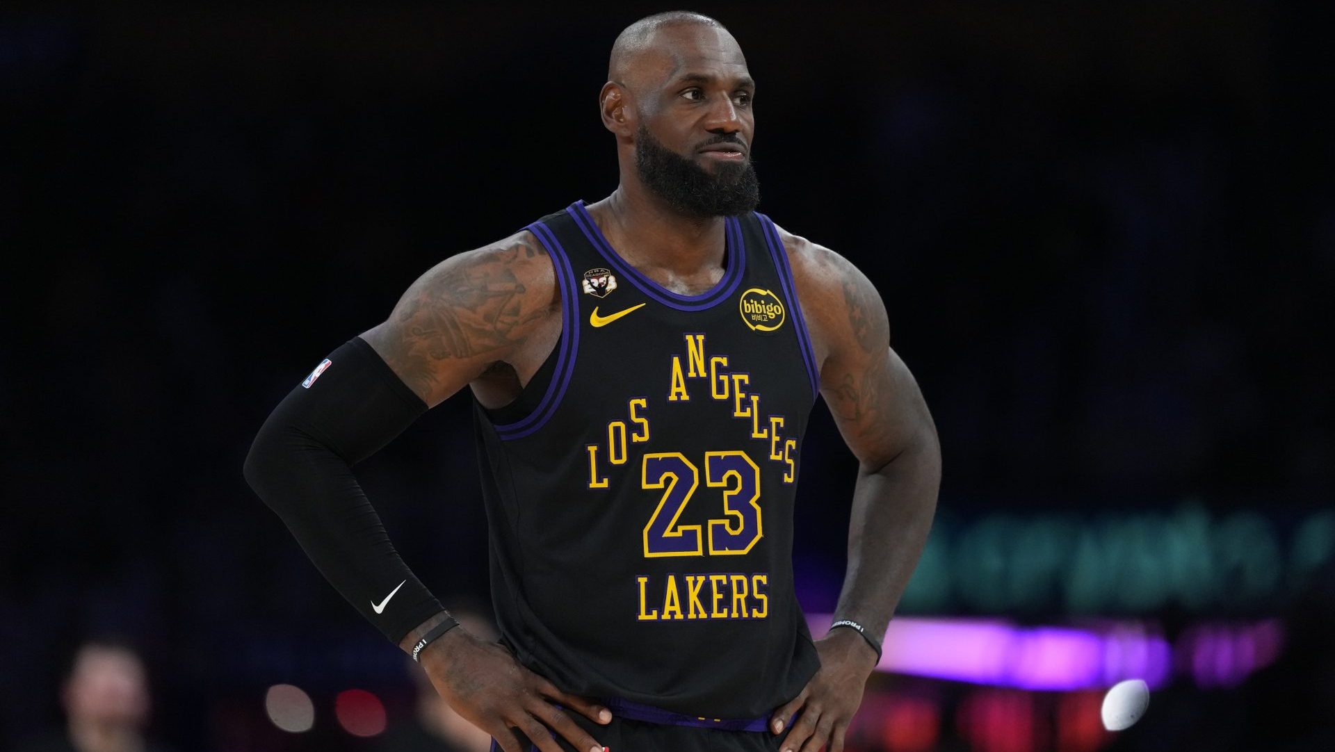 Mar 3, 2026; Los Angeles, California, USA; Los Angeles Lakers forward LeBron James (23) reacts against the New Orleans Pelicans in the second half at Crypto.com Arena. Mandatory Credit: Kirby Lee-Imagn Images