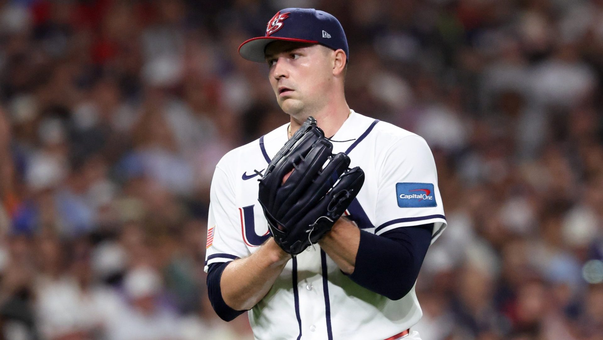 Mar 7, 2026; Houston, TX, United States; United States pitcher Tarik Skubal (27) reacts to an out against Great Britain during the first inning at Daikin Park.