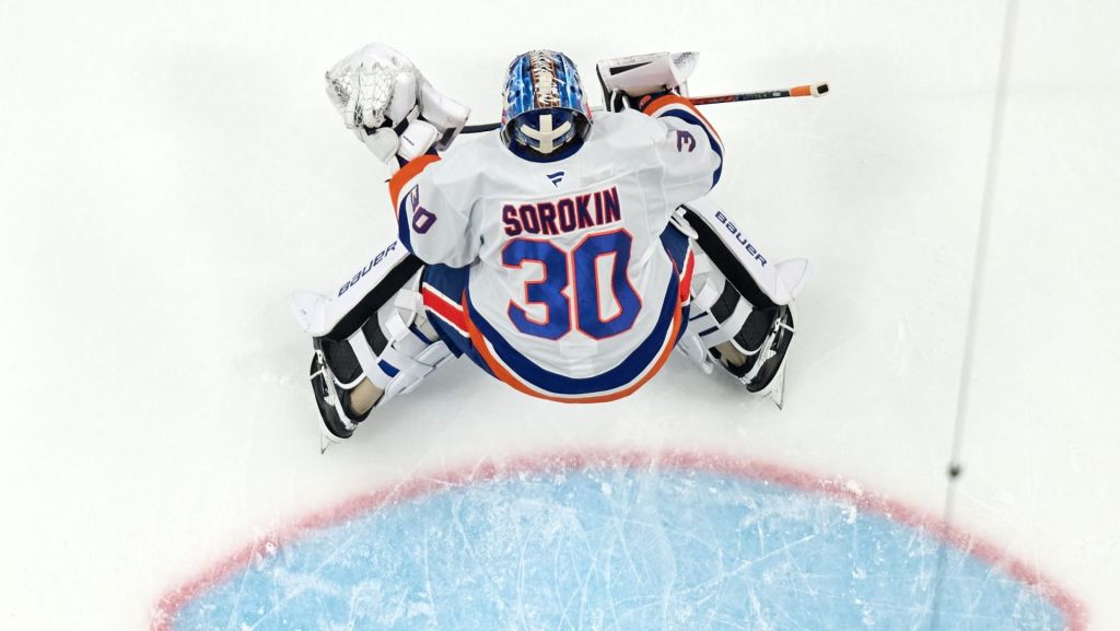 Mar 7, 2026; San Jose, California, USA; New York Islanders goaltender Ilya Sorokin (30) warms up before the game against the San Jose Sharks at SAP Center at San Jose
