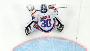 Mar 7, 2026; San Jose, California, USA; New York Islanders goaltender Ilya Sorokin (30) warms up before the game against the San Jose Sharks at SAP Center at San Jose