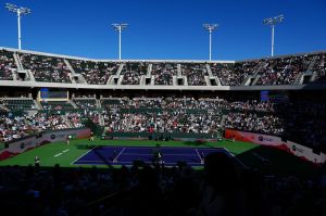 Tennis fans watch a BNP Paribas Open third-round match between Taylor Fritz and Alex Michelsen on Stadium 2 at the Indian Wells Tennis Garden in Indian Wells, Calif., on Monday, March 9, 2026.