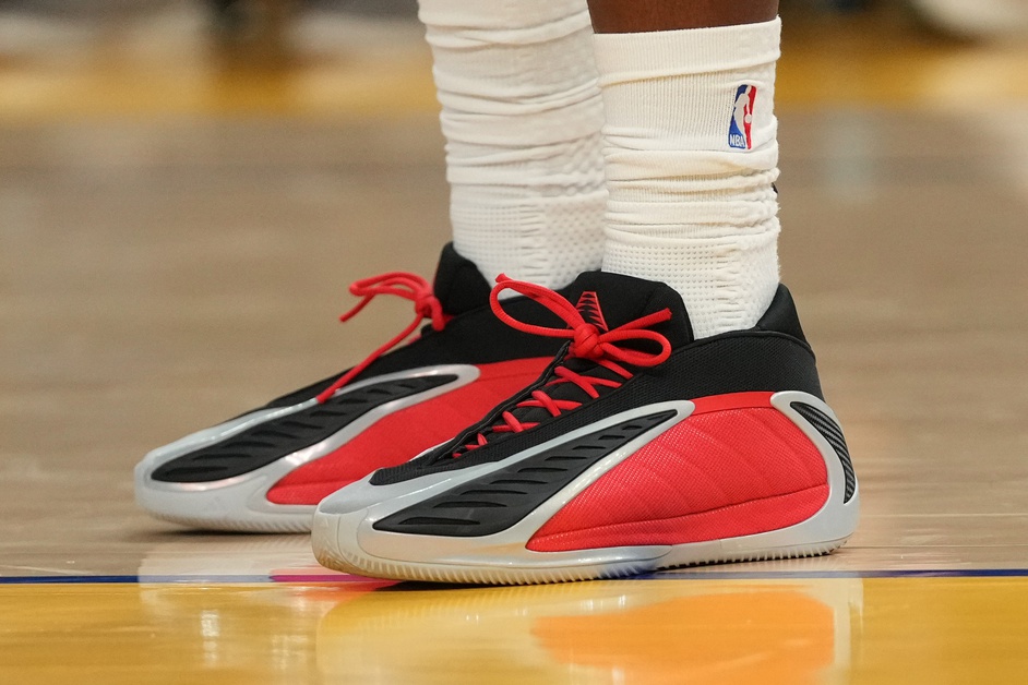 Mar 13, 2026; San Francisco, California, USA; A closeup view of the shoes worn by Minnesota Timberwolves guard Anthony Edwards (5) against the Golden State Warriors in the third quarter at the Chase Center.