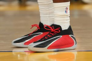 Mar 13, 2026; San Francisco, California, USA; A closeup view of the shoes worn by Minnesota Timberwolves guard Anthony Edwards (5) against the Golden State Warriors in the third quarter at the Chase Center.