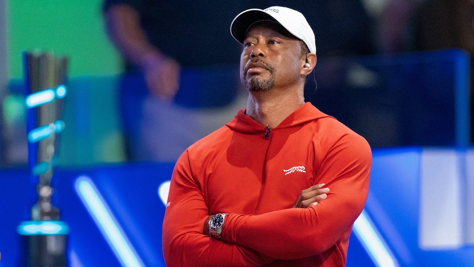 Tiger Woods of Jupiter Links GC watches his team against Boston Common Golf during TGL match at SoFi Center on March 17, 2026, in Palm Beach Gardens, Florida.