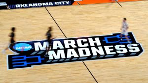 The March Madness logo is pictured during a second-round game in the NCAA men's basketball tournament between Nebraska Cornhuskers and Vanderbilt Commodores at Paycom Center in Oklahoma City, Saturday March 21, 2026.