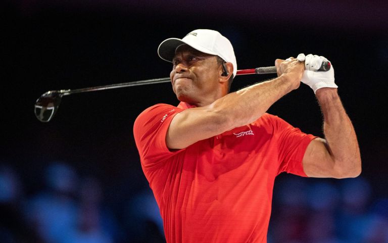 Tiger Woods of Jupiter Links GC tees off during match against Los Angeles Golf Club during the TGL finals at SoFi Center on March 24, 2026, in Palm Beach Gardens, Florida.