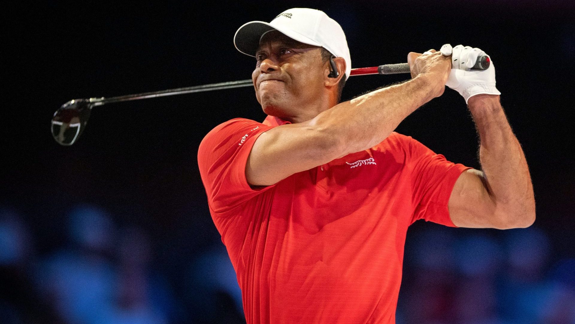 Tiger Woods of Jupiter Links GC tees off during match against Los Angeles Golf Club during the TGL finals at SoFi Center on March 24, 2026, in Palm Beach Gardens, Florida.