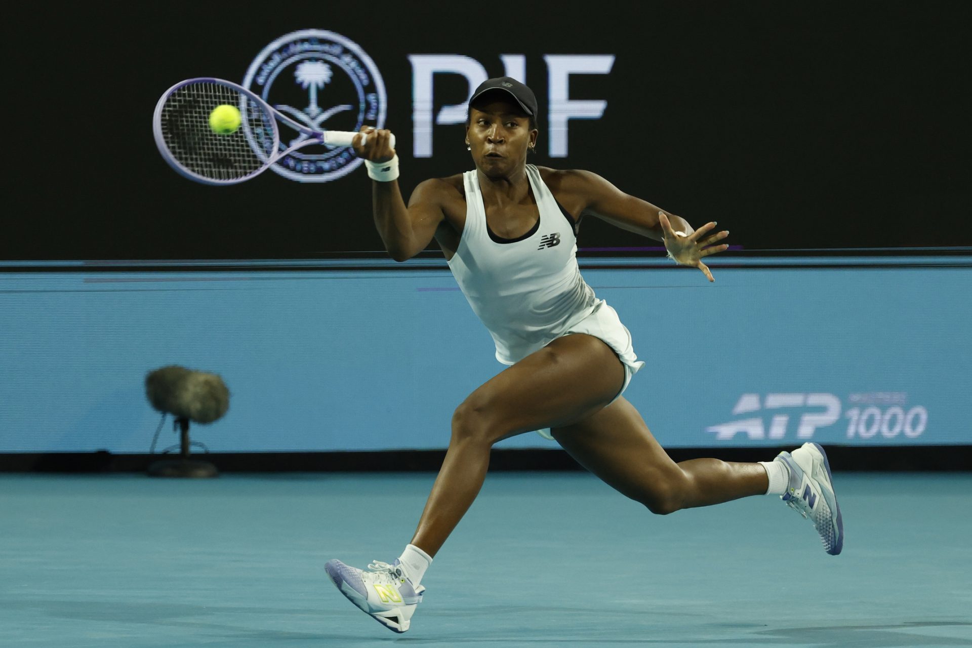 Mar 24, 2026; Miami Gardens, FL, USA; Coco Gauff (USA) hits a forehand against Belinda Bencic (SUI) (not pictured) on day eight of the 2026 Miami Open at Hard Rock Stadium.