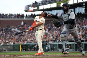 Mar 25, 2026; San Francisco, California, USA; San Francisco Giants designated hitter Rafael Devers (16) looks on after hitting a pop fly against the the New York Yankees in the sixth inning at Oracle Park.