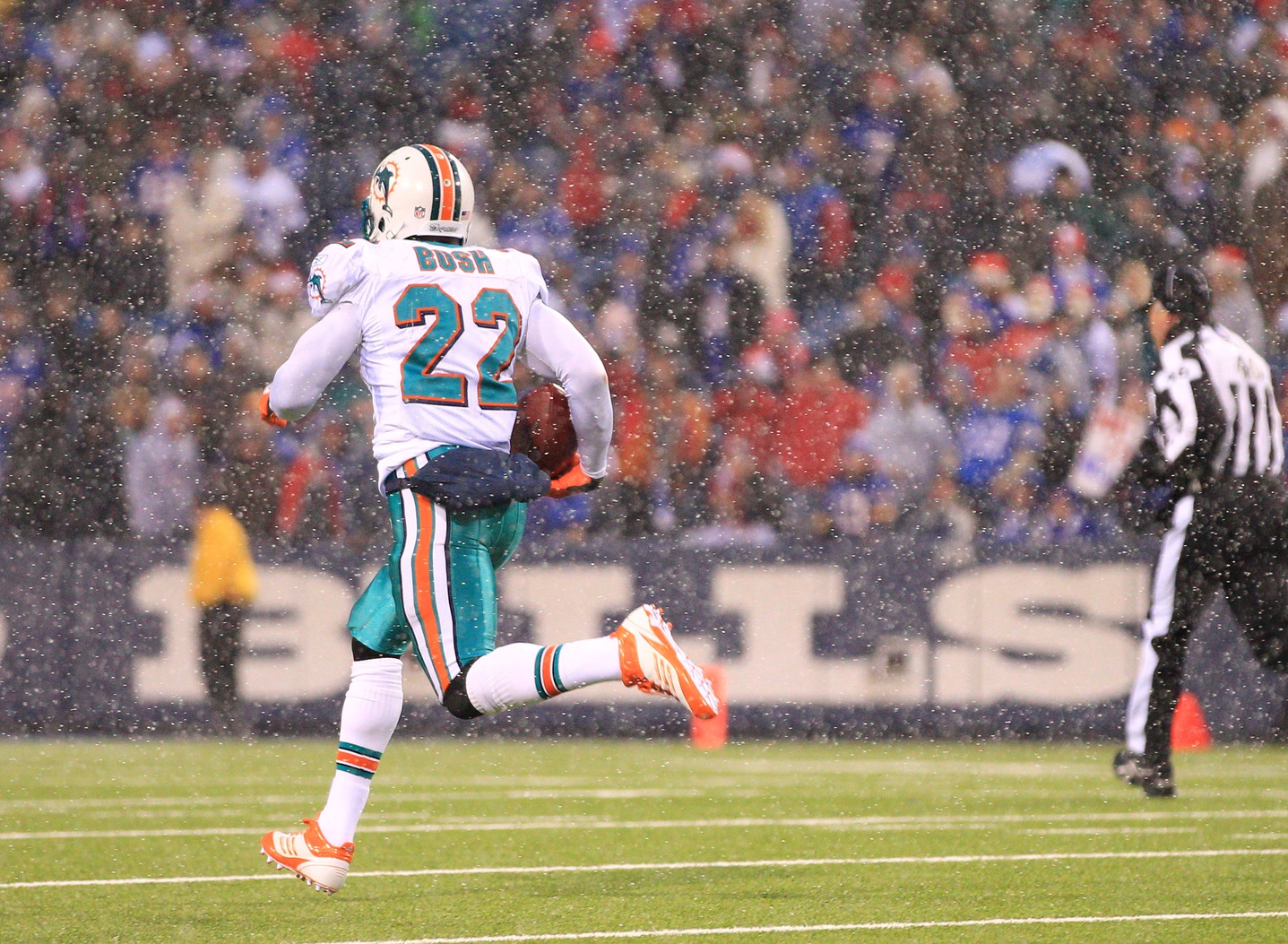 Dec 18, 2011; Orchard Park, NY, USA; Miami Dolphins running back Reggie Bush (22) runs for a touchdown against the Buffalo Bills during the second half at Ralph Wilson Stadium.