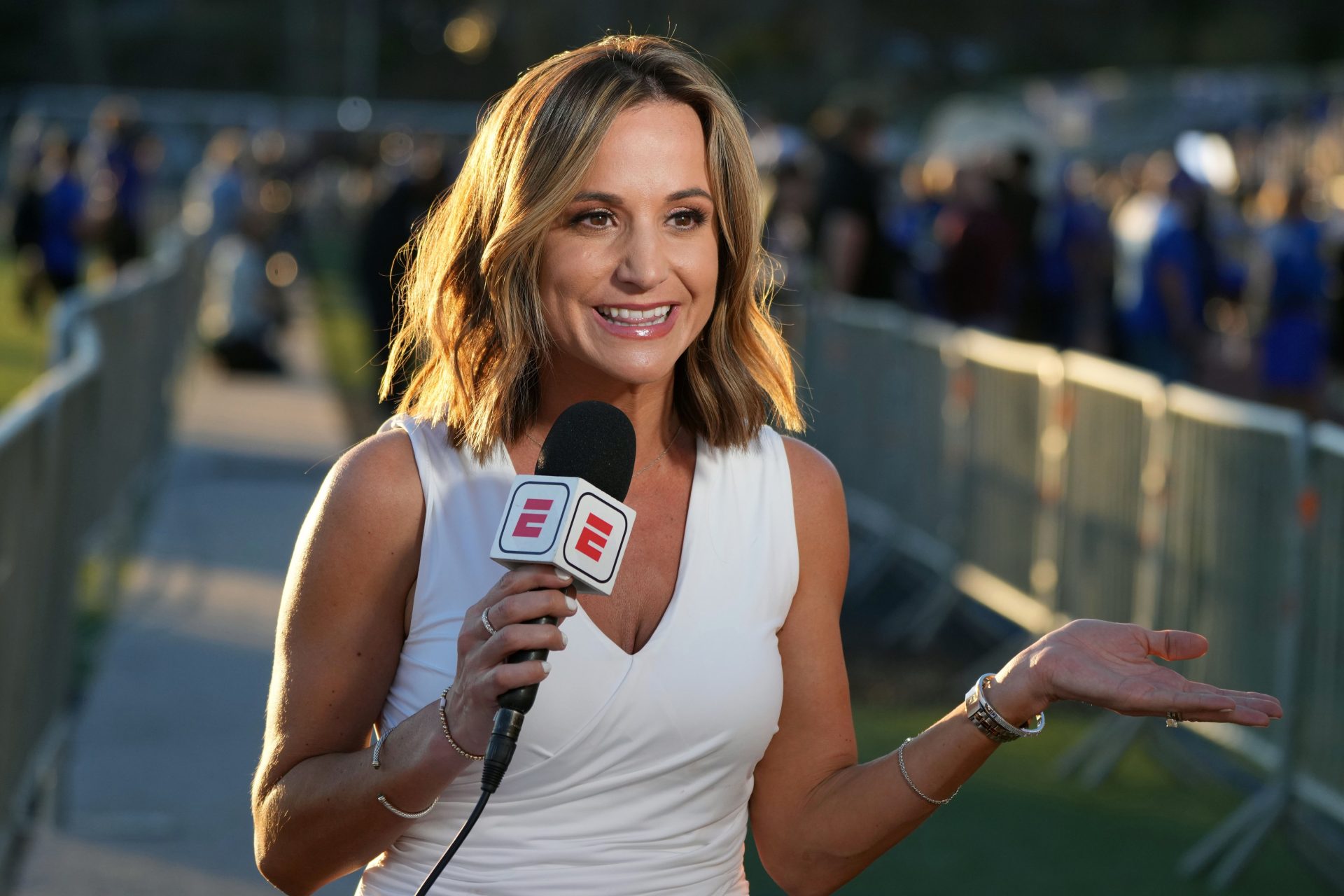 Feb 7, 2022; Westlake Village, CA, USA; ESPN reporter Dianna Russini at Los Angeles Rams Super Bowl LVI Opening Night at Oaks Christian High School.