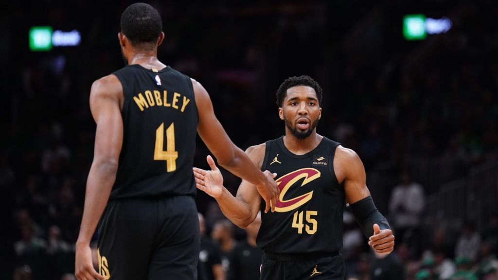 May 9, 2024; Boston, Massachusetts, USA; Cleveland Cavaliers guard Donovan Mitchell (45) reacts after a basket buy forward Evan Mobley (4) against the Boston Celtics in the first quarter during game two of the second round for the 2024 NBA playoffs at TD Garden. Mandatory Credit: David Butler II-USA TODAY Sports